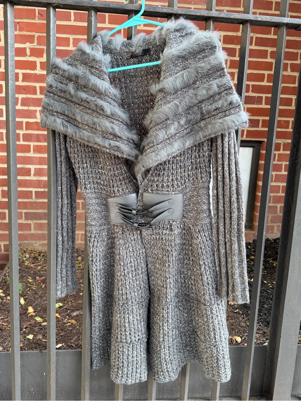 Gray Faux-Fur Trim Knit Trench Coat with Cinch Belt